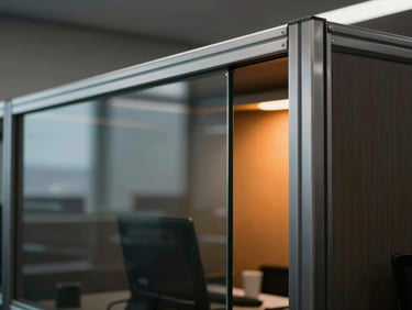 Close-up of high-end enterprise workspace with dark glass partitions, brushed steel structures, illuminated by a single warm orange light source.