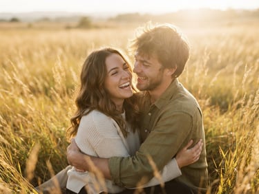 Close-up cinematic shot of a young couple laughing together in a sun-drenched golden grass field, warm natural light, soft lens flare, 35mm film style