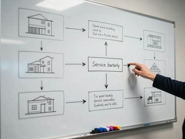 Wide overhead shot of a whiteboard mid-session covered in architecture diagram boxes and arrows, markers uncapped on the tray, a hand partially visible pointing at a service boundary node, cool even office lighting, no faces