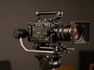 Close-up of a high-end cinema camera mounted on a professional stabilizer rig, dramatic low-key lighting highlighting the metallic textures