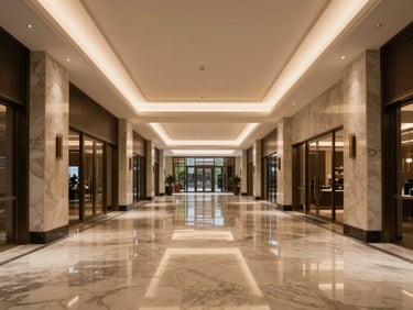 Symmetrical wide shot of a luxury commercial lobby, polished marble floors reflecting warm low-key architectural lighting, clean geometric lines.