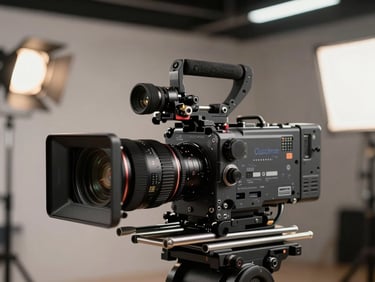 Extreme close-up of a high-end cinema camera rig on a structured set, soft background lights, professional production environment.