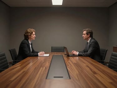 Low-key interior lighting on a professional interview set, showing a modern corporate boardroom, soft key light on a polished mahogany table.