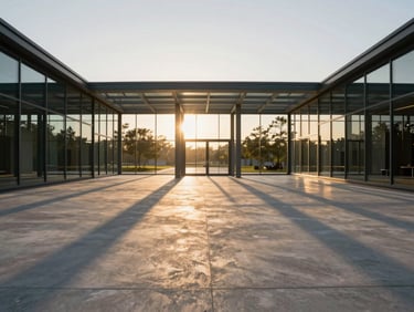Wide symmetrical establishing shot of a modern glass pavilion at golden hour, dramatic long shadows across pristine concrete.