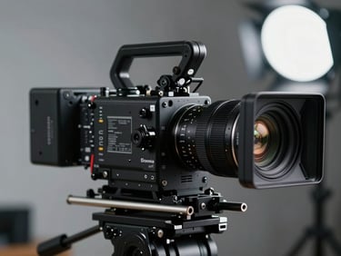 Extreme close-up of a high-end cinema camera rig on a stabilized gimbal, shallow depth of field, cool studio lighting.