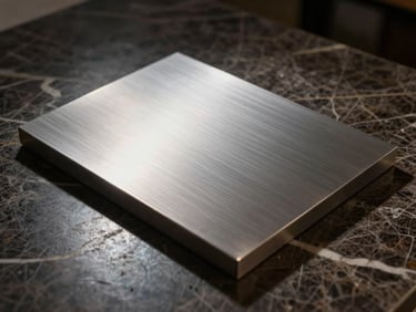 Close-up of premium architectural materials, brushed steel and dark marble, under sharp controlled spotlighting.