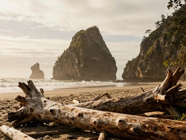 Overcast natural daylight over a misty beach with giant sea stacks, heavy driftwood in the foreground, rich organic earth tones, warm editorial photography.