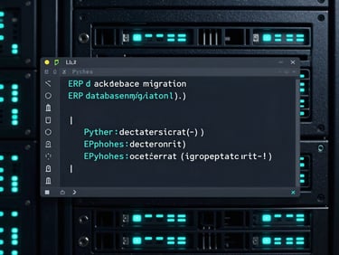 A clean, high-contrast terminal interface showing Python code for an ERP database migration, cyan text on a dark grey screen, sharp focus.
