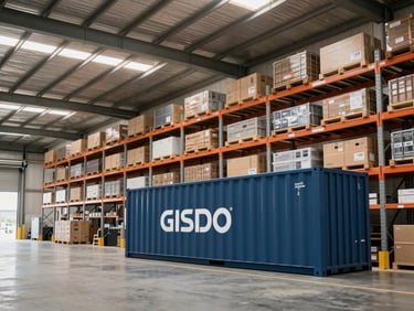 Wide-angle architectural shot of a clean high-ceiling logistics warehouse with organized industrial racking and a branded cargo container at the loading dock