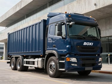 Low-angle heroic shot of a branded navy blue heavy-duty container truck parked inside a clean, modern concrete logistics terminal under crisp daylight, sharp details of secure cargo doors.