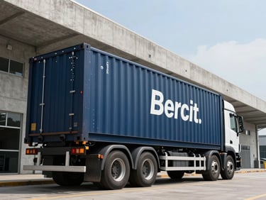 Low-angle heroic shot of a branded navy blue container truck parked outside a modern concrete logistics terminal, crisp daylight, sharp architectural lines.