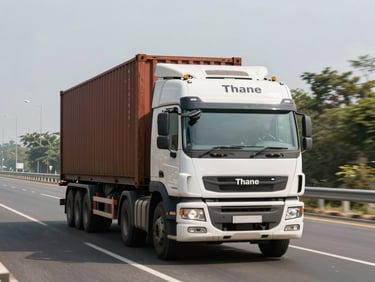 A heavy-duty container truck maneuvering precisely through a wide modern highway corridor in Thane, sharp daylight, professional logistics framing