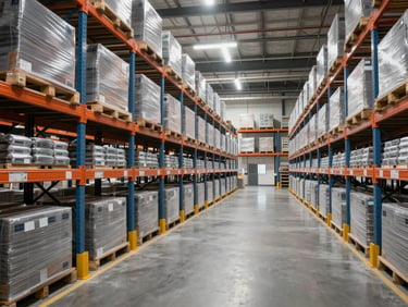 Interior of a clean high-ceiling logistics warehouse with organized racking systems and secure climate control, crisp industrial lighting