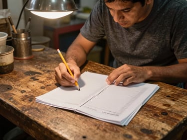 Entrepreneur at a worn wooden workbench in a small taquería, reviewing a printed ledger under warm overhead light, pencil in hand