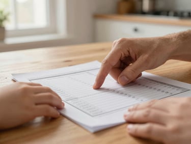 Close-up of a parent's hand guiding a child's finger across a household budget sheet on a wooden kitchen table, warm window light from the side