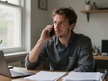 Independent worker on a phone call at a modest home desk, papers spread out, natural light from a nearby window, listening attentively