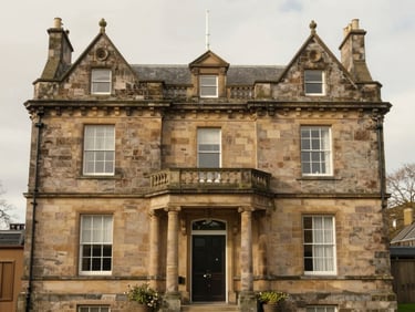 Straight-on architectural elevation of a beautifully restored Victorian stone villa in Dundee, clean lime pointing visible, soft overcast daylight.