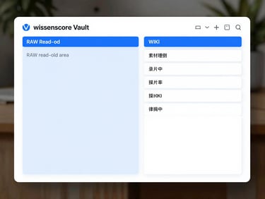 Straight-on high-fidelity UI mockup of the wissenscore Vault structure, displaying the RAW read-only area and the structured WIKI area side-by-side, clean technical layout with crisp blue accents.