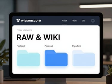 Straight-on high-contrast UI mockup of the wissenscore Vault dashboard, showing RAW and WIKI folders, clean monospace typography, dark slate interface on a modern office screen, cool crisp studio lighting.