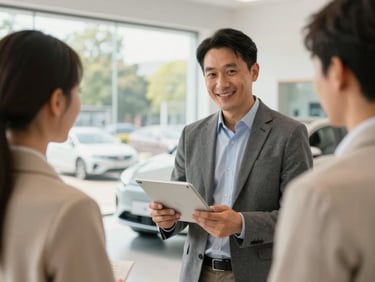 Bright editorial photography of a professional advisor showing a digital tablet to a customer inside a modern car delivery center, warm tones, natural daylight