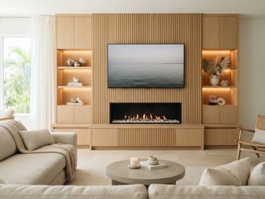 Straight-on architectural photography of a minimalist media wall in a sunlit Sarasota living room, featuring light oak wood slats, a flush-mounted fireplace, warm LED cabinet backlighting, bright coastal daylight, 35mm.
