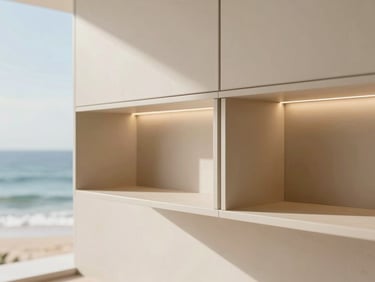 Detail architectural crop of a custom floating cabinet joint, showing immaculate flush alignment, integrated warm LED strip glowing against a beige wall, bright coastal daylight, 35mm.