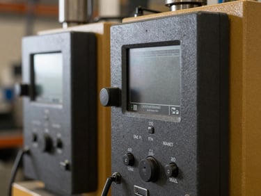 Tight macro shot of high-contrast industrial machinery interfaces, natural warehouse lighting, slate and amber tones, sharp focus.