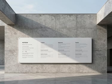 Wide architectural interior of a cultural hall, single printed wayfinding panel mounted on bare concrete wall, north-facing daylight, no people, precise framing with generous negative space above