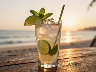 Close-up of a sweating artisanal rum cocktail with fresh lime and mint, resting on a rustic wooden table, soft golden sunset light, beach background, shallow depth of field, 35mm