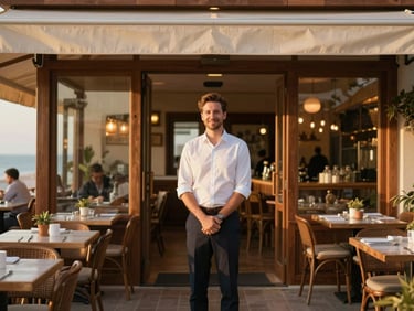 A welcoming host standing near the elegant entrance of an open-air restaurant, smiling, soft lighting