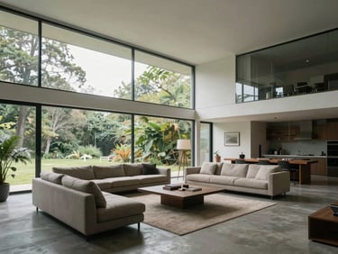 Modernist living room in Lago Norte, high ceiling, floor-to-ceiling glass walls, natural light, minimalist furniture, concrete floor.