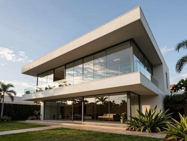 Wide-angle view of a high-end house in Lago Sul, clean geometric lines, large glass panes reflecting the Brasília sky, integrated tropical garden