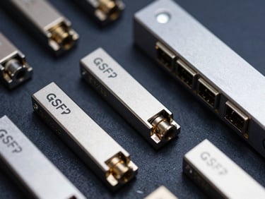 Close-up flat-lay of multiple optical transceiver modules arranged on a dark navy surface, QSFP-DD and OSFP form factors, polished metal casings reflecting a single overhead strobe, sharp focus on connector faces