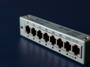 Close-up of a loopback module inserted into a network switch faceplate port row, directional lighting casting sharp shadows across the module body and port labeling, deep navy background, no people