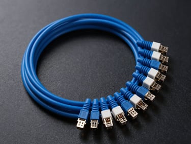 Overhead flat-lay of bundled active optical cables coiled on a dark surface, blue fiber jacket catching directional strobe light, connector ends fanned out to show LC and MPO terminations in sharp detail