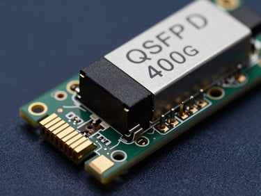 Extreme macro close-up of a QSFP-DD 400G optical transceiver module on a flat surface, connector pins in sharp focus, deep navy background, bright directional studio lighting emphasizing the gold-plated connector edge and module label detail
