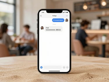 Modern smartphone displaying the TI Chat interface with a chat conversation, blurred background of a bustling local cafe with natural light, sand and terracotta tones, clean minimalist composition, 35mm lens