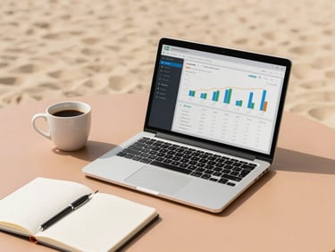 Clean desk setup with a laptop displaying the 123software financial dashboard, a cup of coffee, and a notepad, warm natural daylight, sand and terracotta tones, clean minimalist composition, 35mm lens