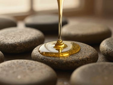Macro detail shot of warm golden oil slowly trickling onto smooth basalt stones, shallow depth of field, 35mm