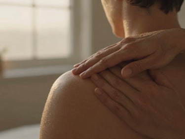 Hands-on therapy close-up, therapist's hands applying precise pressure to a shoulder, soft golden-hour light, 35mm