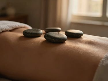 Close-up of smooth basalt stones resting on a client's back, warm low-key golden light, rich muted earth tones, shallow depth of field.
