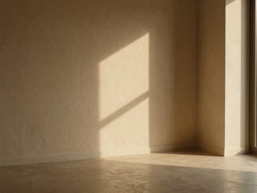 Minimalist architectural detail of a quiet room, soft linen textures, warm golden shadows, 35mm