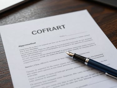 Close-up of high-quality corporate contract paper on a dark wooden table, soft natural daylight highlighting a fountain pen and structured text, editorial corporate photography style.