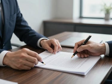 Close-up of hands reviewing a structured corporate contract on a dark wooden table, clean boardroom background, soft natural daylight.