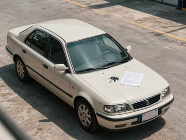 Overhead straight-angle shot of a parked neutral-coloured sedan on a clean workshop forecourt, keys and transport documents visible on the bonnet, even north-facing daylight, no people