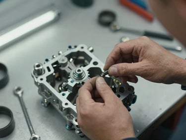 Close-up overhead shot of a mechanic's hands fastening a bolt on an engine component, precision tools visible on a clean workshop bench, even fluorescent lighting, no people's faces