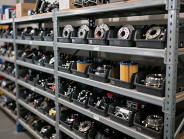 Straight-angle shot of organized automotive parts bins on metal shelving in a well-lit warehouse, labeled compartments with brake components and filters visible, no people