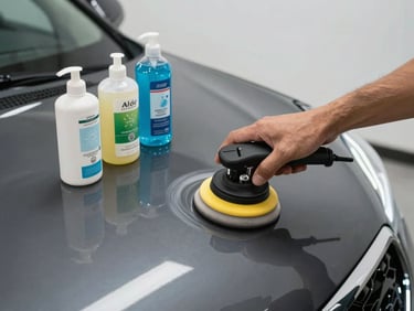 Overhead close-up of a car hood being polished with a professional buffer, clean detailing product bottles arranged neatly beside the vehicle, bright even workshop lighting