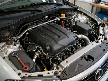 Close-up overhead shot of a vehicle engine bay during a service inspection, tools arranged precisely beside it on a workshop bench, even fluorescent workshop lighting, no people, clean and organised
