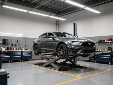 Straight-angle wide shot of a professional automotive workshop interior in Berlin, vehicle on a lift mid-service, organized tool panels on the wall, even overhead fluorescent lighting, no people visible, clean floor markings
